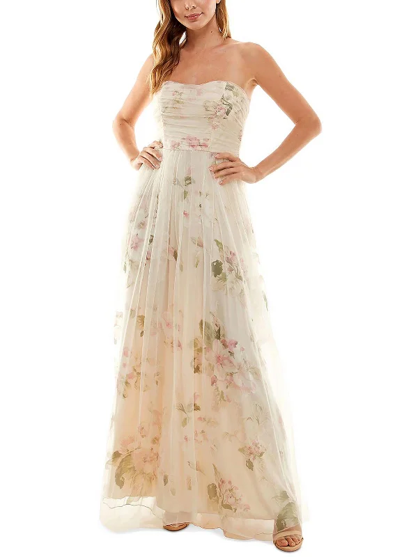 Juniors Womens Tulle Floral Print Evening Dress