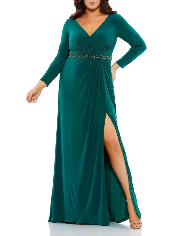 Plus Womens Beaded Long Evening Dress