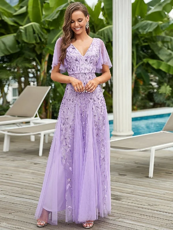 Romantic Shimmery V Neck Ruffle Sleeves Maxi Long Evening Gowns