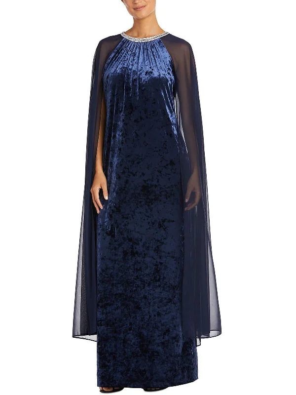 Womens Velvet Sheer Overlay Evening Dress