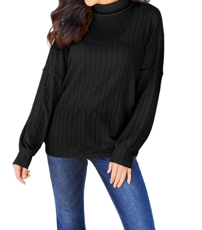 Sleek Ribbed Mock Neck Knit Top In Black